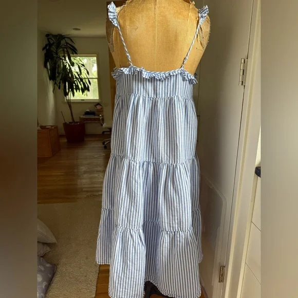 J Crew Cotton-linen tiered blue/white pinstripe Maximize sundress, S, MSRP $118 - Picture 7 of 14